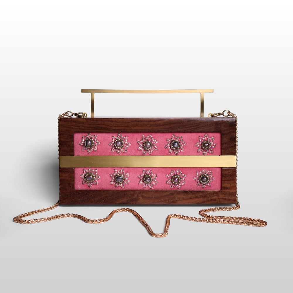 Gulnaar – Maroon Velvet Zardosi Wooden Clutch