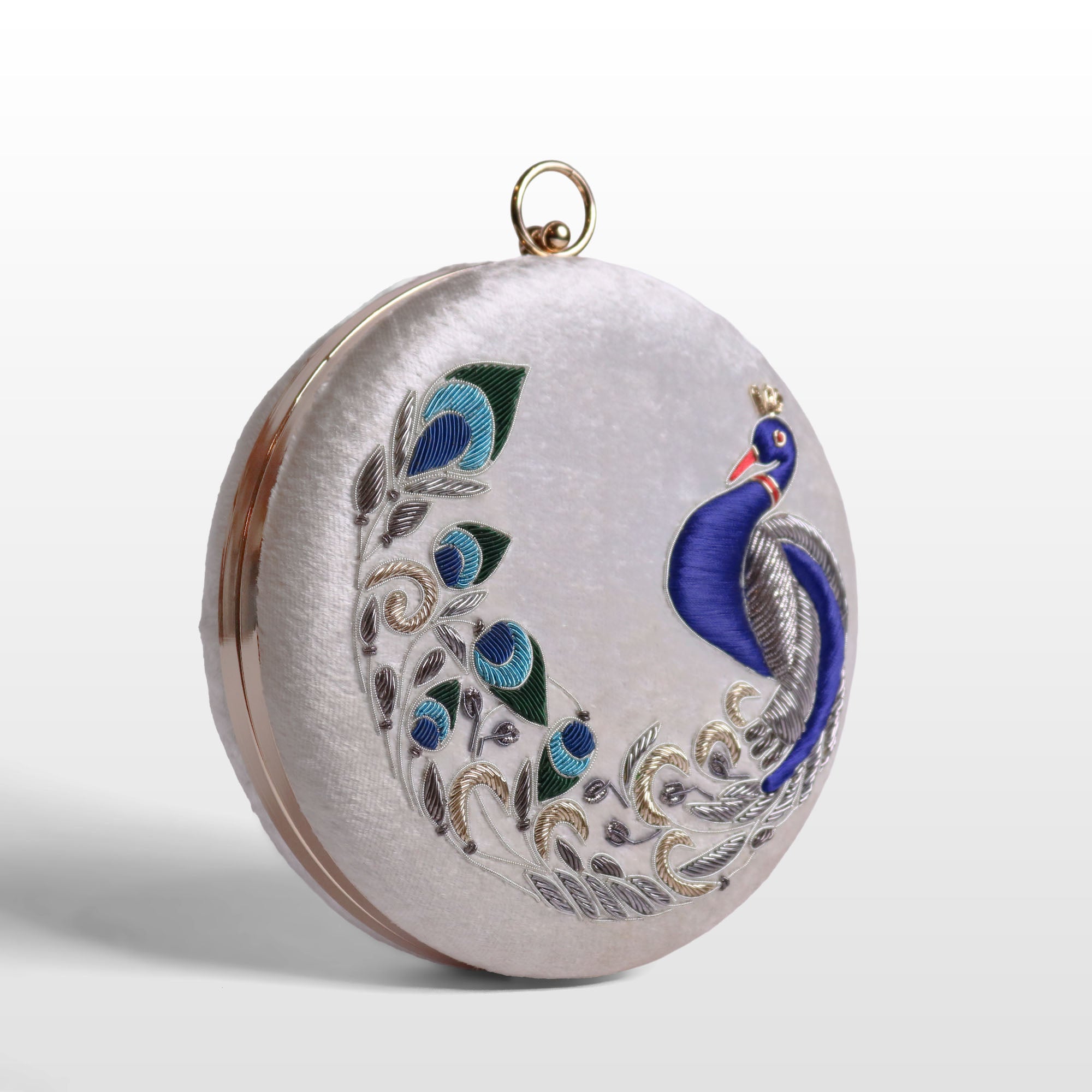 Peacock Embellished Evening Clutch – Handmade Luxury Velvet Bag with Crystal Zardosi Work | Featured in NYFW