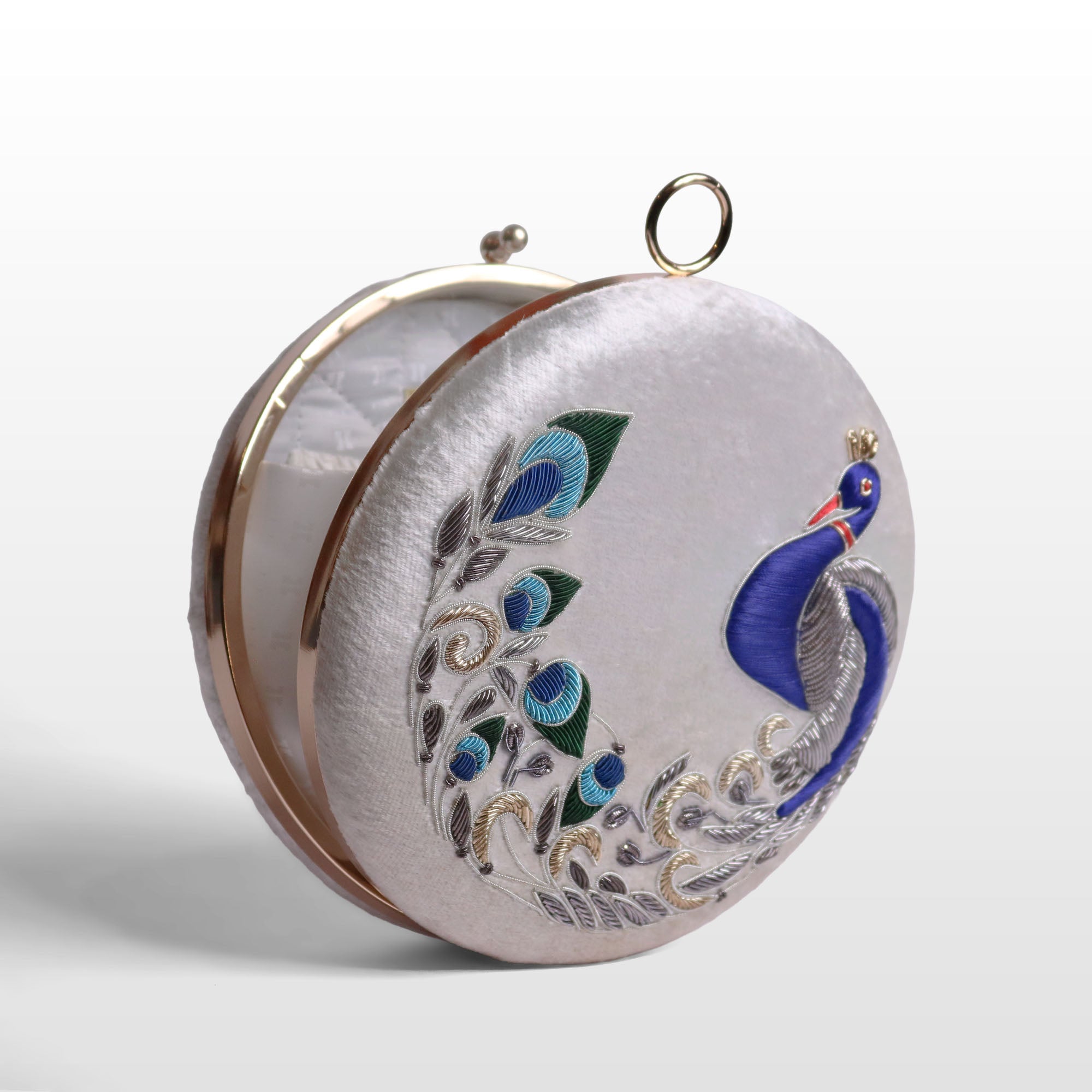 Peacock Embellished Evening Clutch – Handmade Luxury Velvet Bag with Crystal Zardosi Work | Featured in NYFW
