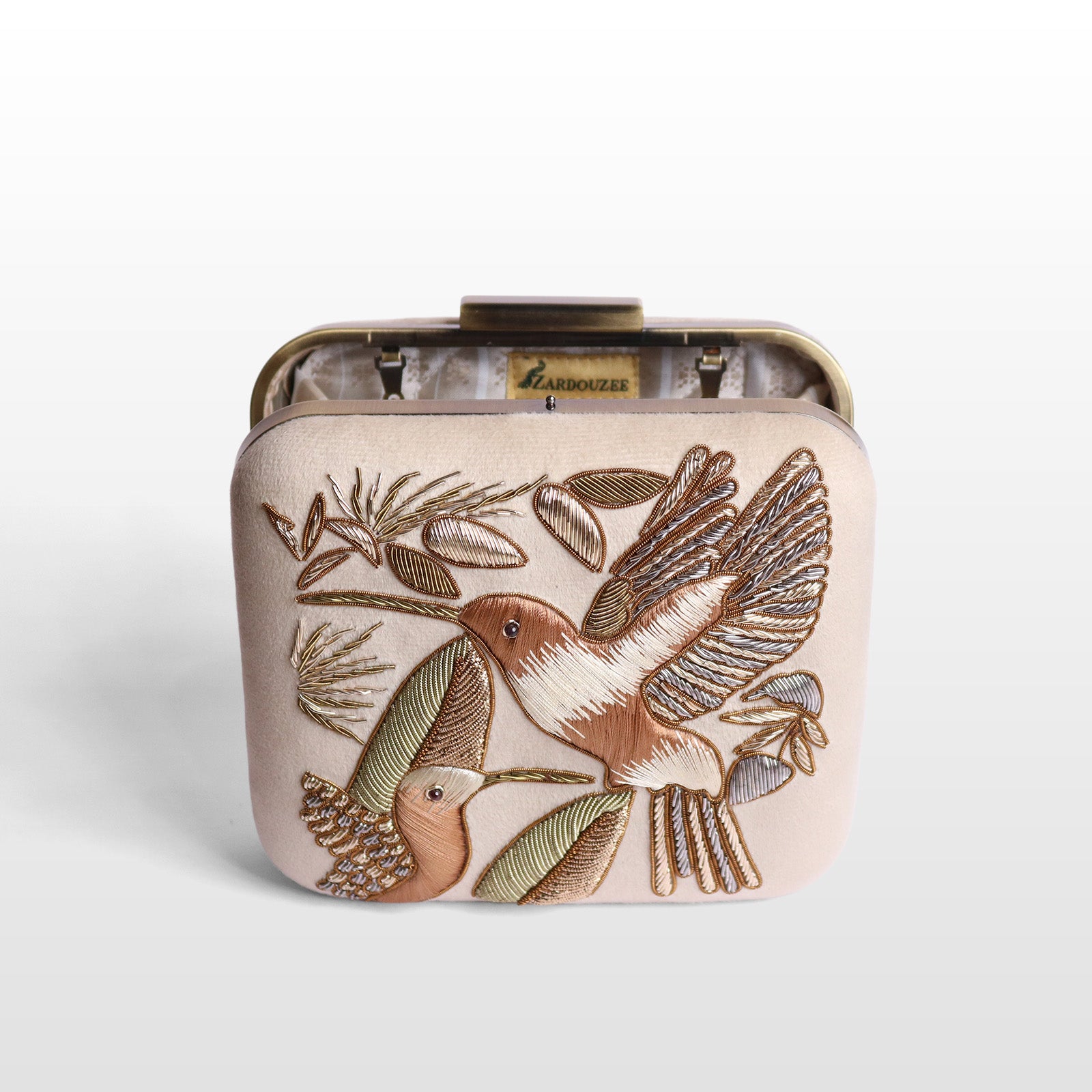 Serenade: Square Handmade Velvet Clutch with Zardosi Birds