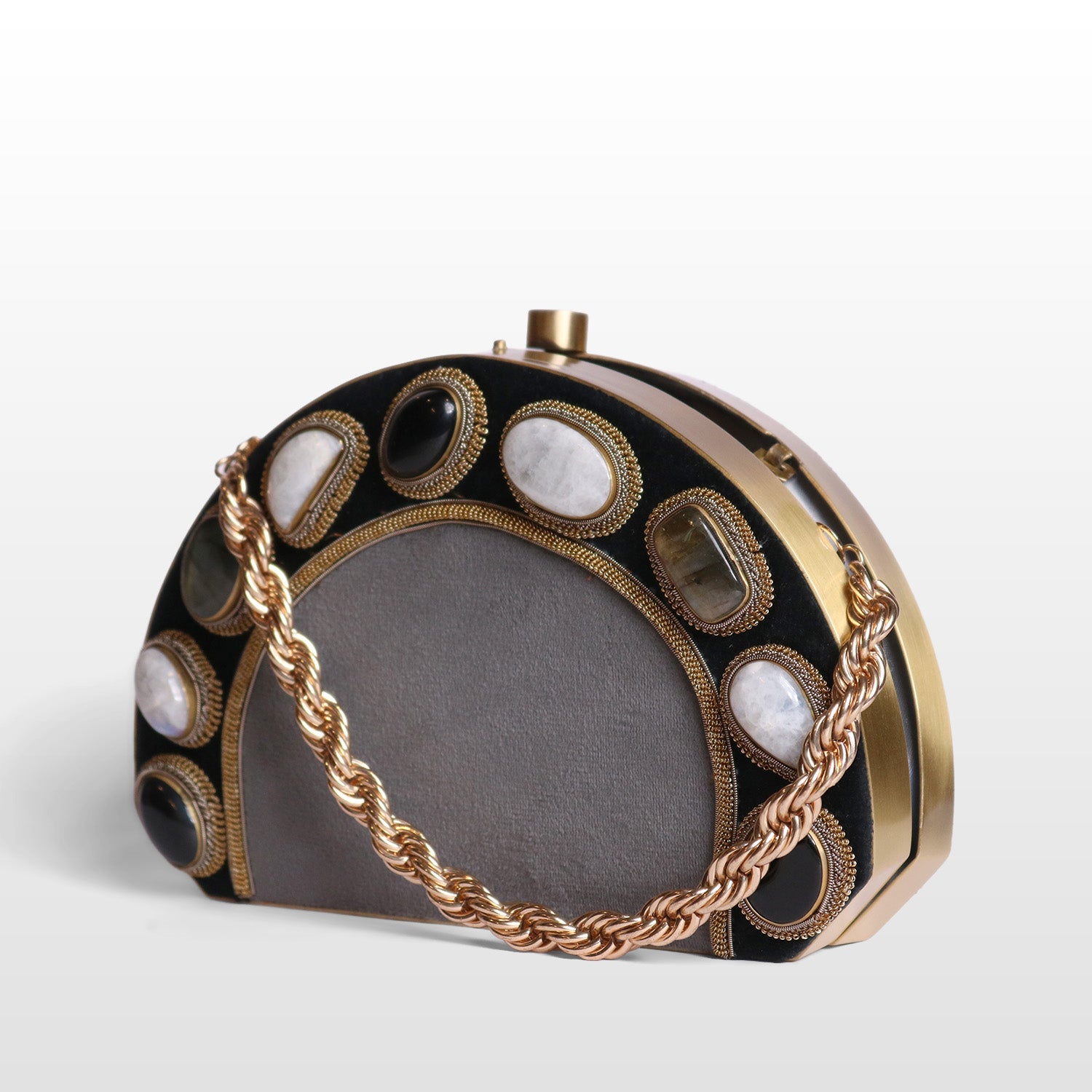 Luxury Brass-Framed Gemstone D-Shaped Velvet Clutch
