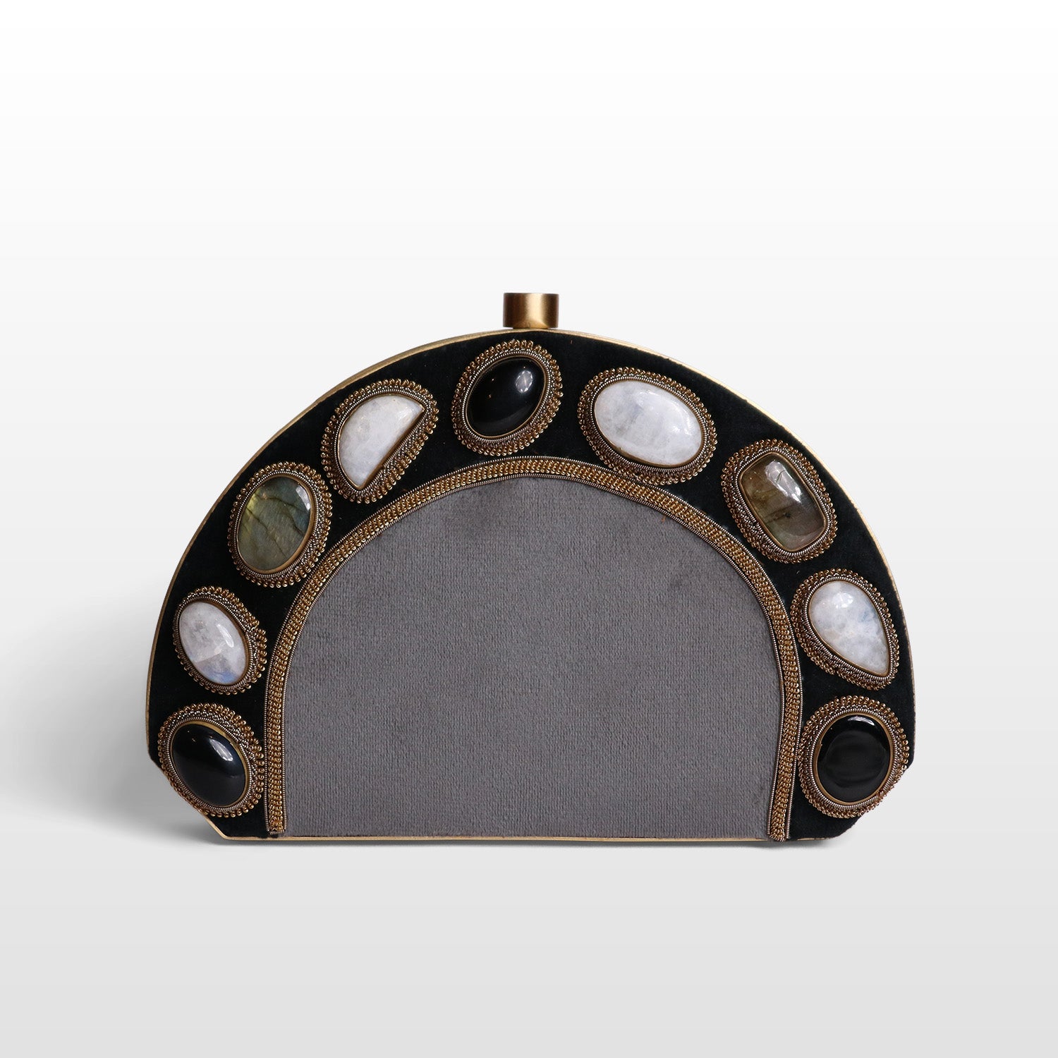 Luxury Brass-Framed Gemstone D-Shaped Velvet Clutch