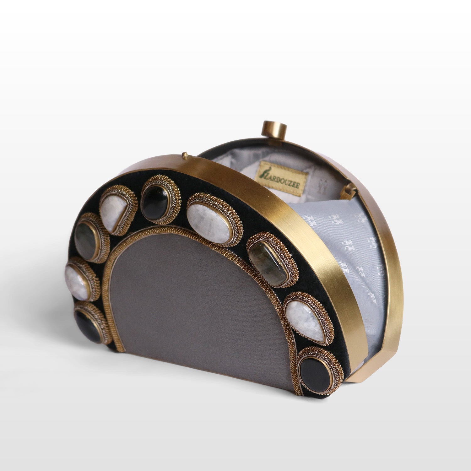 Luxury Brass-Framed Gemstone D-Shaped Velvet Clutch