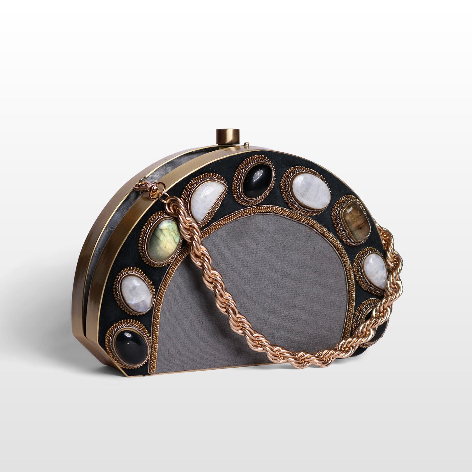 Luxury Brass-Framed Gemstone D-Shaped Velvet Clutch