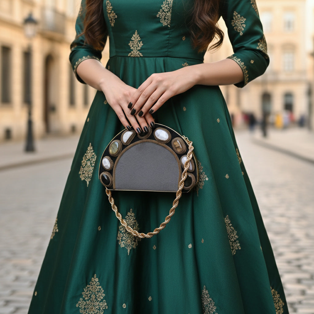 Luxury Brass-Framed Gemstone D-Shaped Velvet Clutch