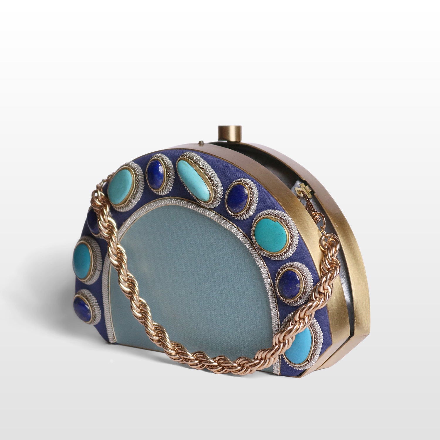 Luxury Brass-Framed Gemstone D-Shaped Velvet Clutch