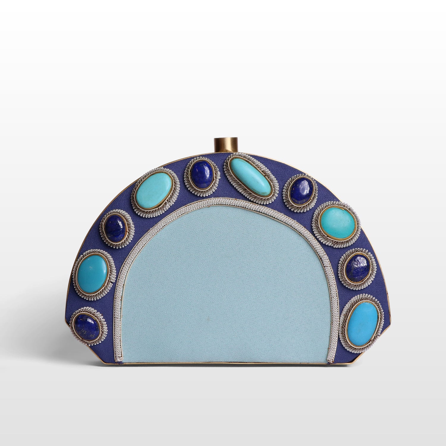 Luxury Brass-Framed Gemstone D-Shaped Velvet Clutch