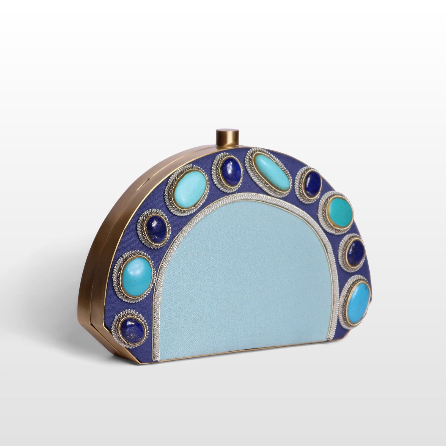 Luxury Brass-Framed Gemstone D-Shaped Velvet Clutch