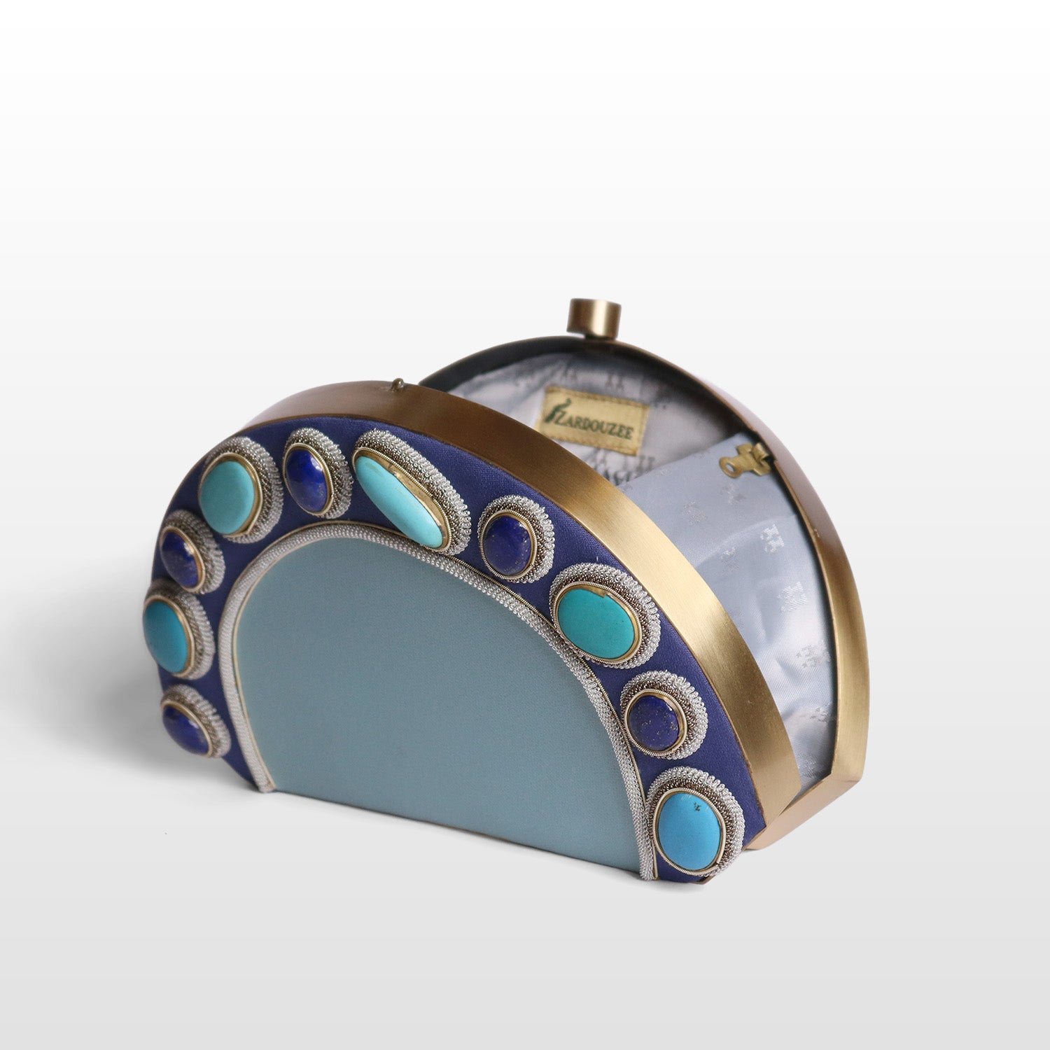 Luxury Brass-Framed Gemstone D-Shaped Velvet Clutch