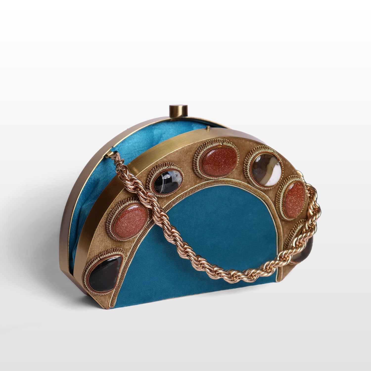 Luxury Brass-Framed Gemstone D-Shaped Velvet Clutch