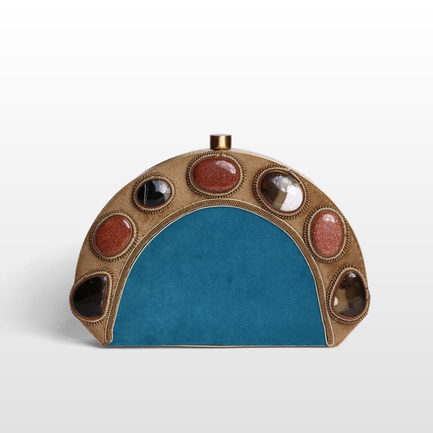 Luxury Brass-Framed Gemstone D-Shaped Velvet Clutch