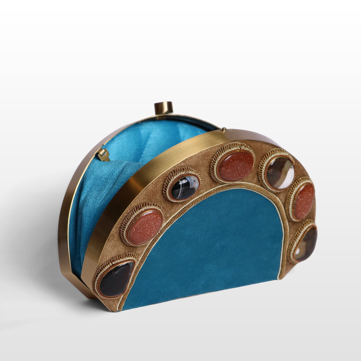 Luxury Brass-Framed Gemstone D-Shaped Velvet Clutch