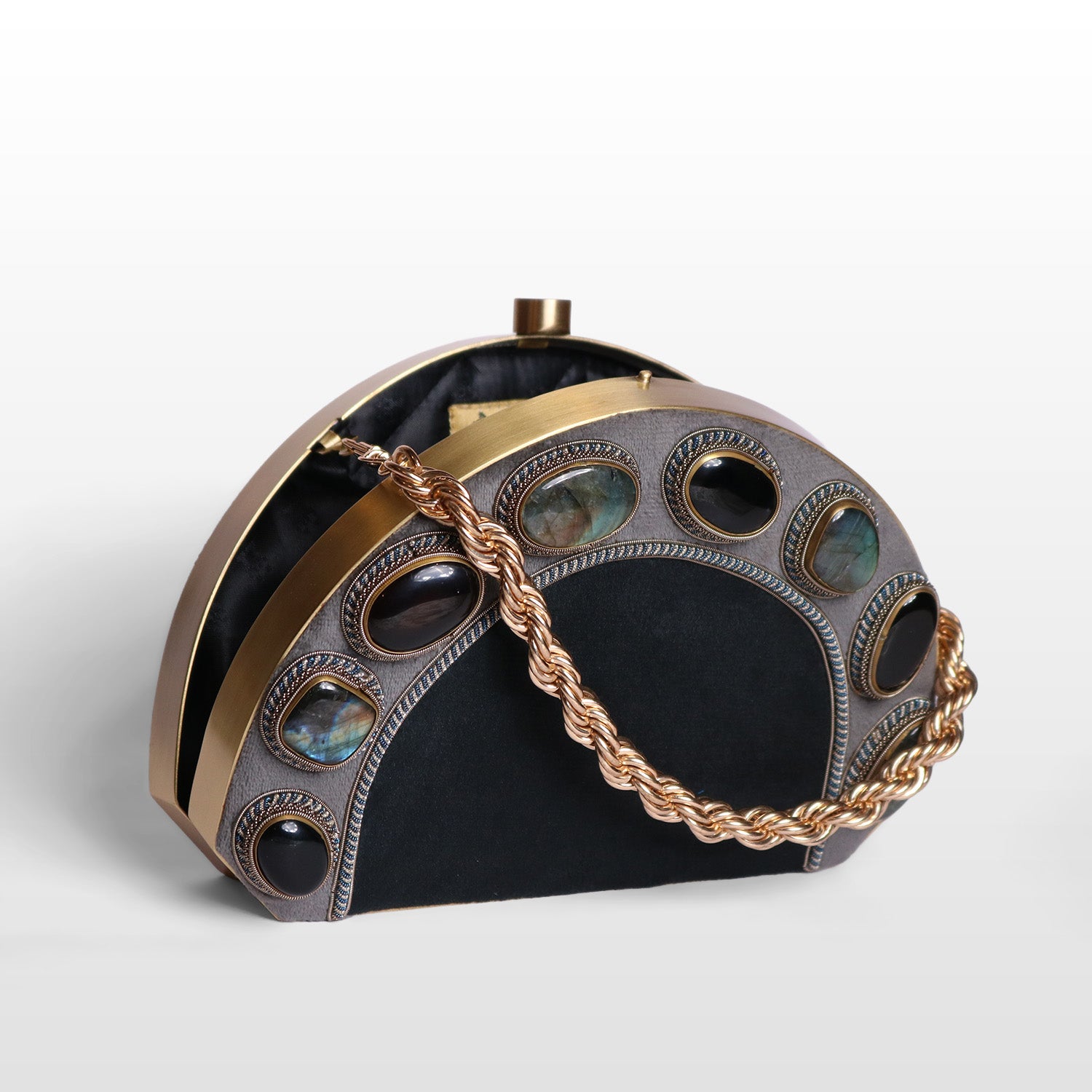 Luxury Brass-Framed Gemstone D-Shaped Velvet Clutch