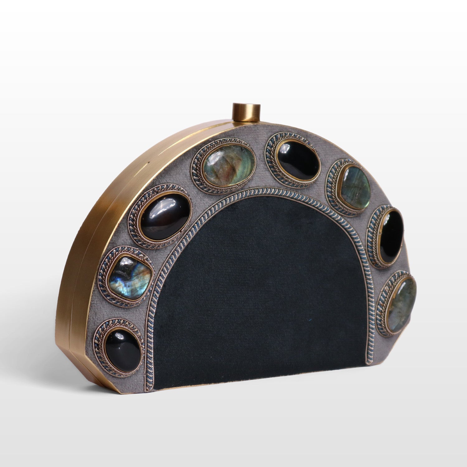 Luxury Brass-Framed Gemstone D-Shaped Velvet Clutch