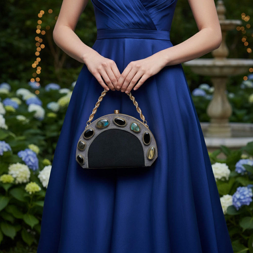 Luxury Brass-Framed Gemstone D-Shaped Velvet Clutch