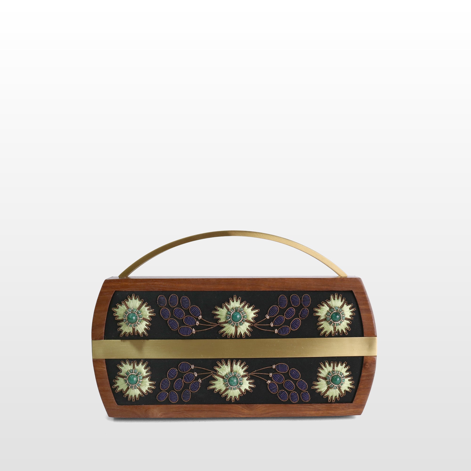Handcrafted Floral Wooden Frame Top Handle Clutch