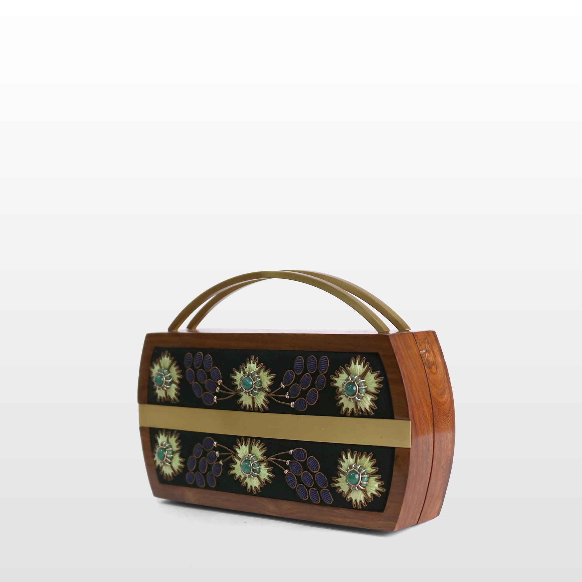 Handcrafted Floral Wooden Frame Top Handle Clutch