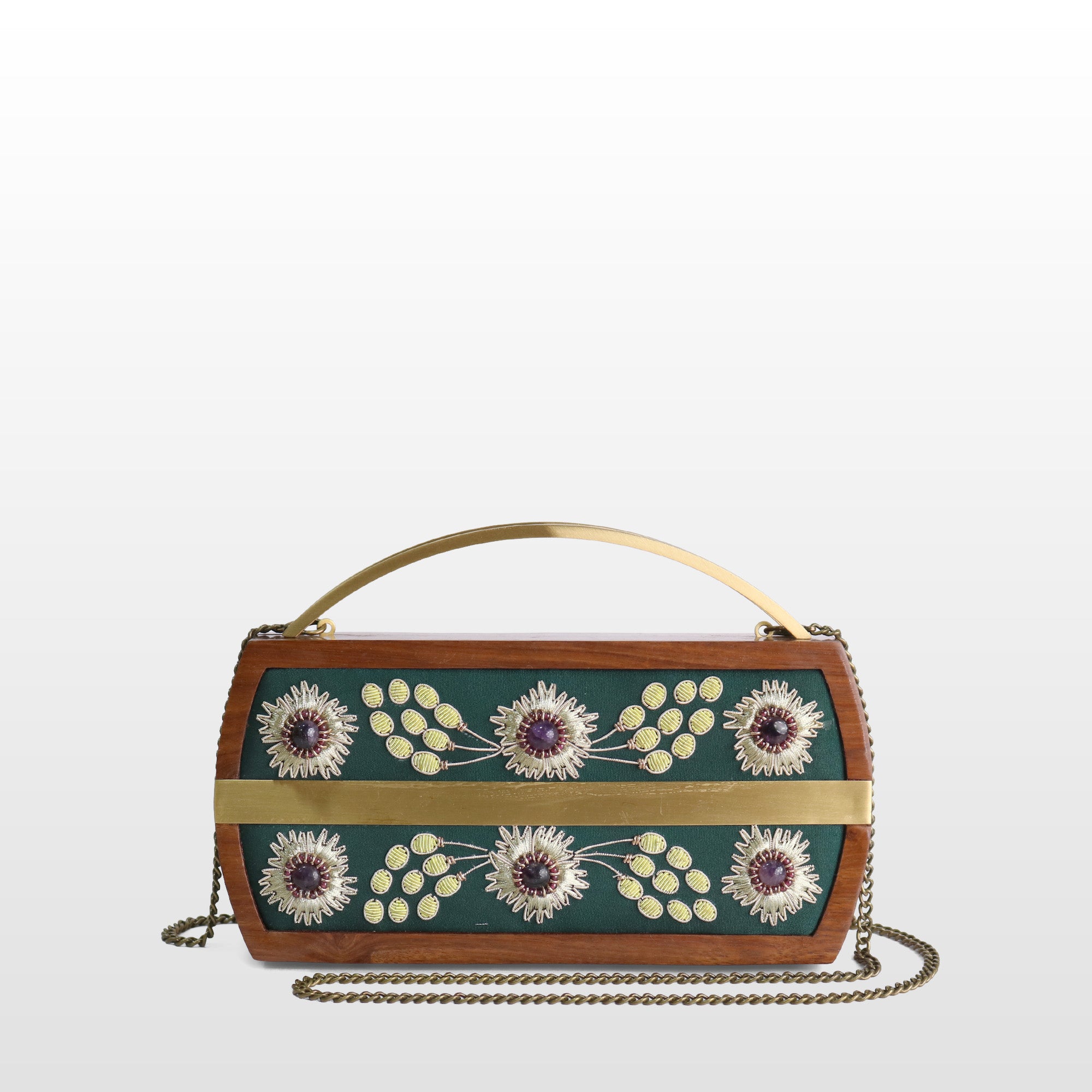 Handcrafted Floral Wooden Frame Top Handle Clutch