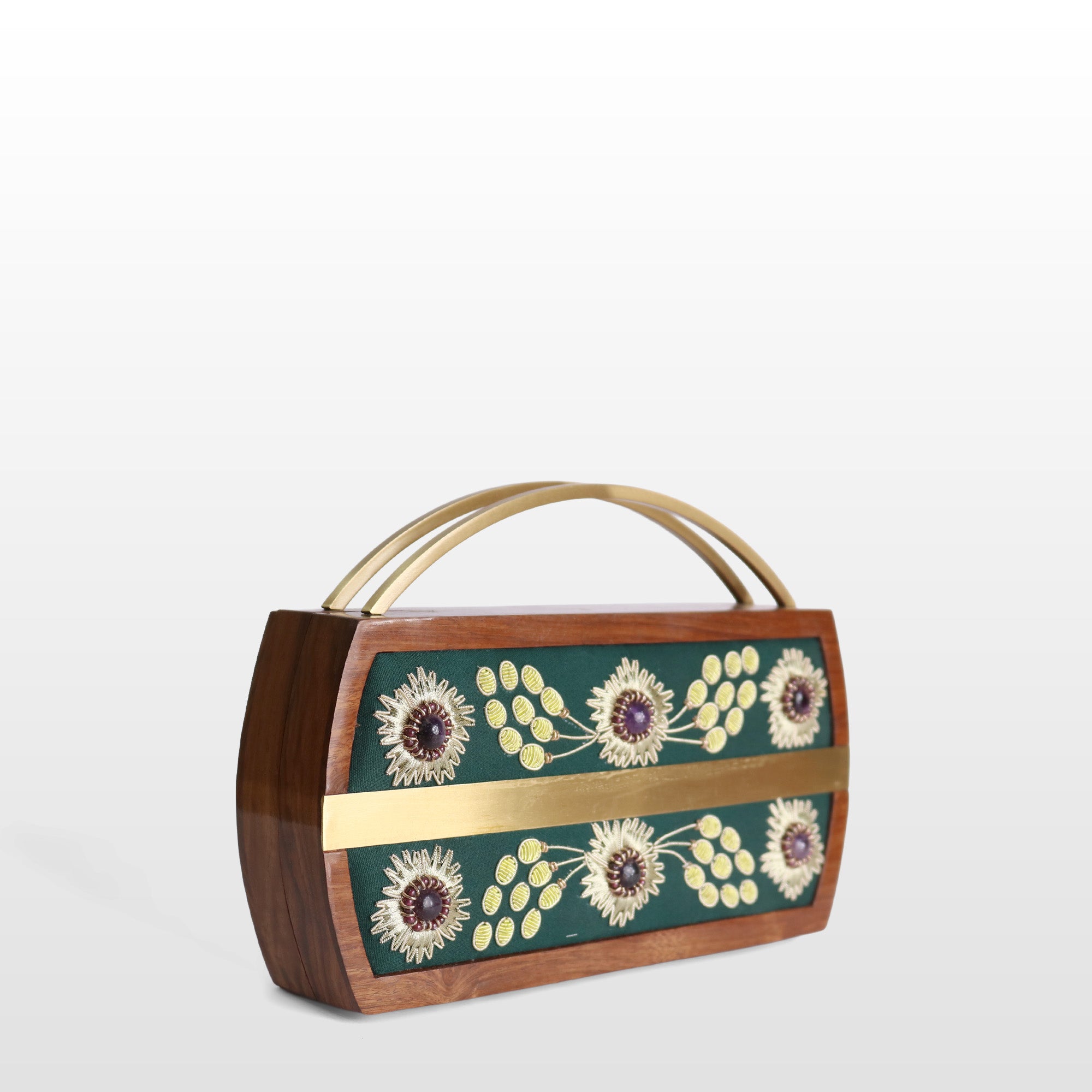 Handcrafted Floral Wooden Frame Top Handle Clutch