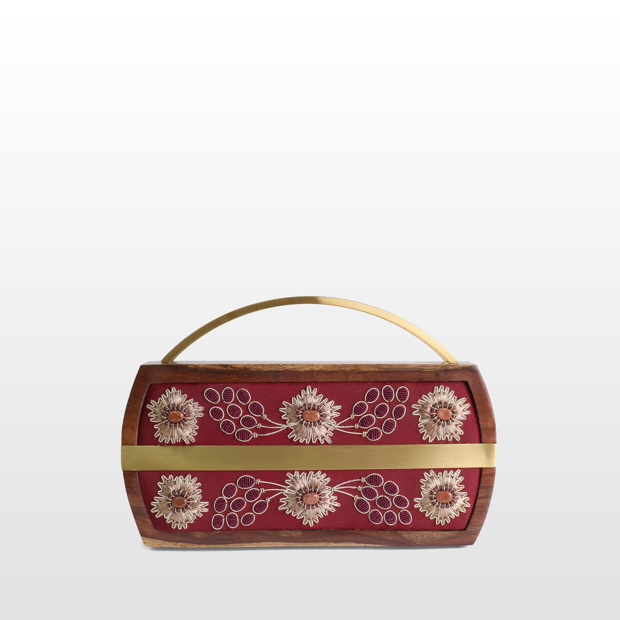 Handcrafted Floral Wooden Frame Top Handle Clutch