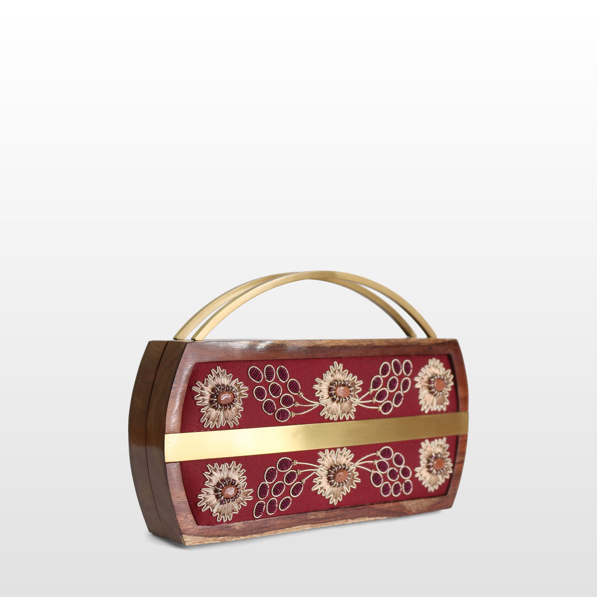 Handcrafted Floral Wooden Frame Top Handle Clutch