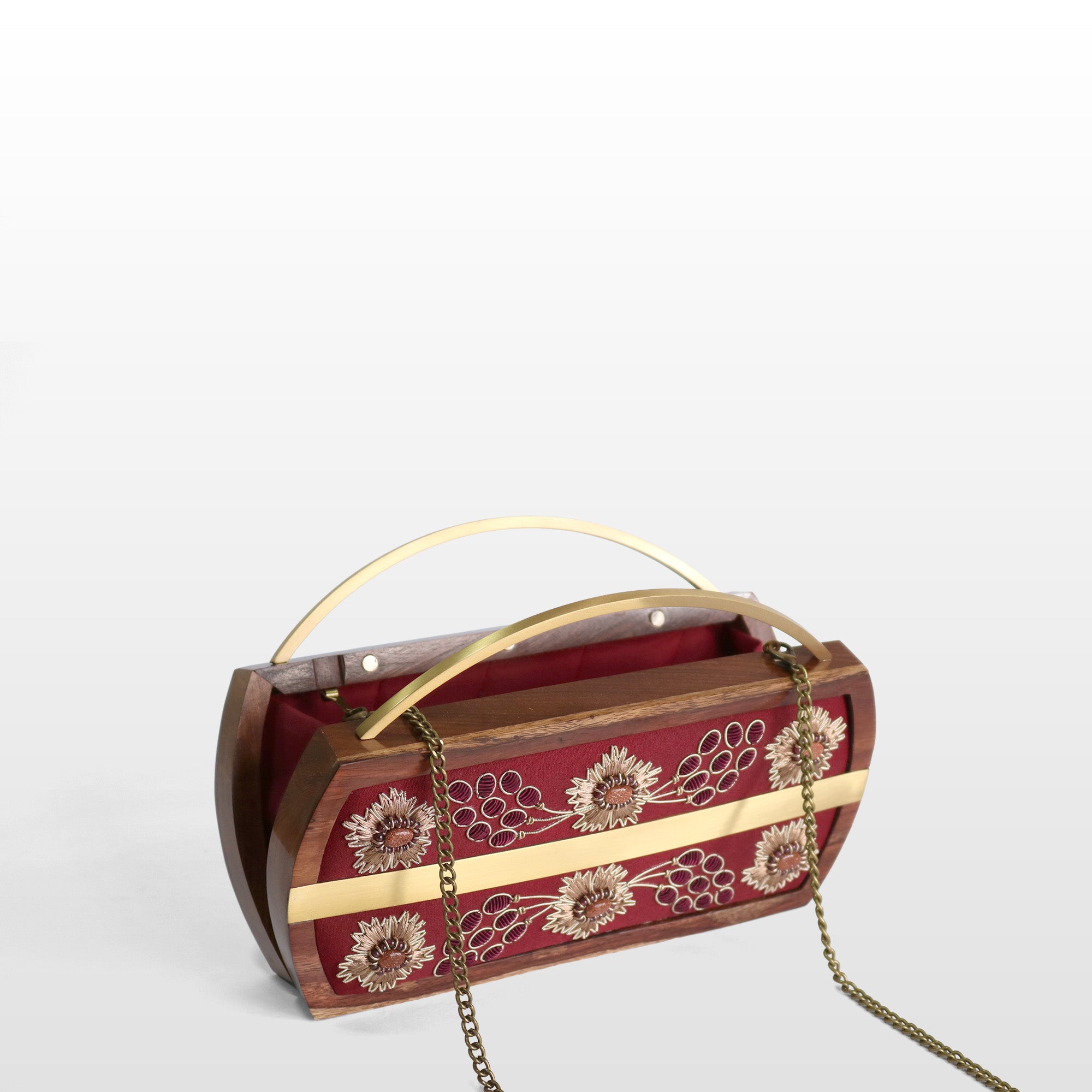 Handcrafted Floral Wooden Frame Top Handle Clutch