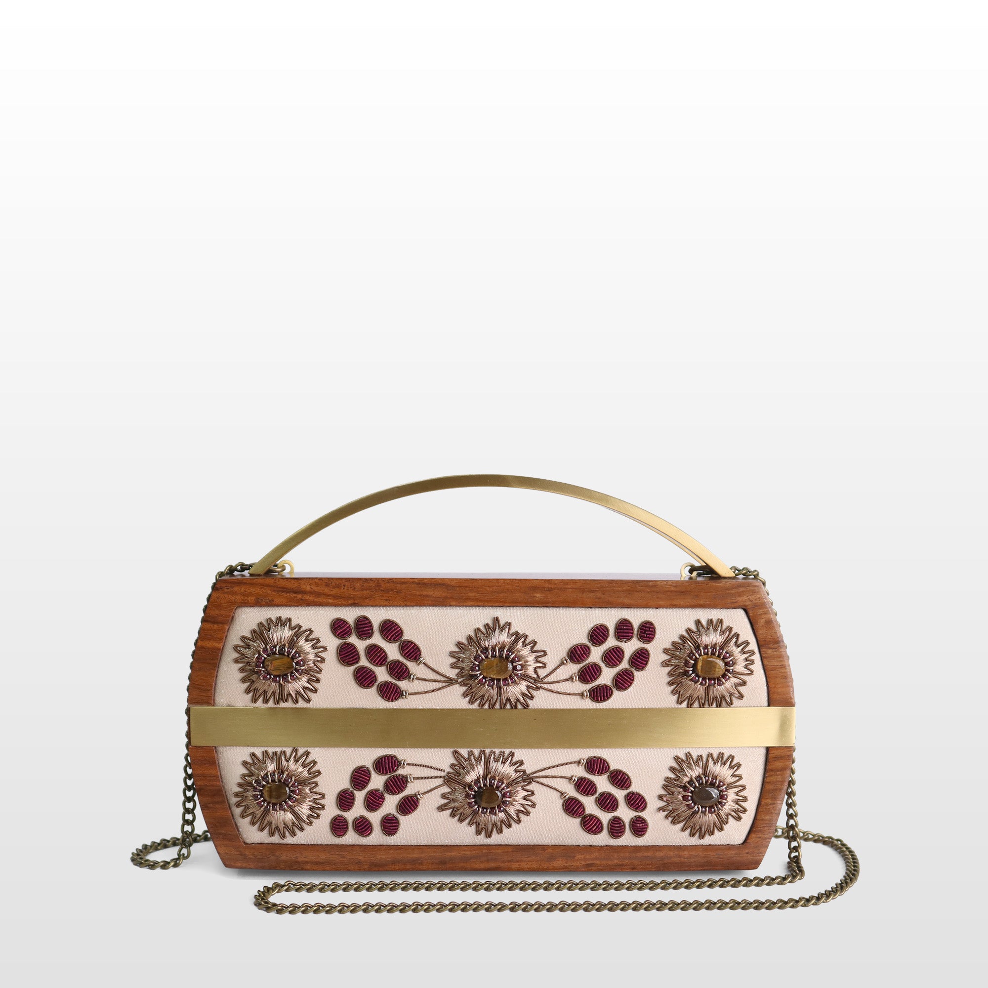 Handcrafted Floral Wooden Frame Top Handle Clutch