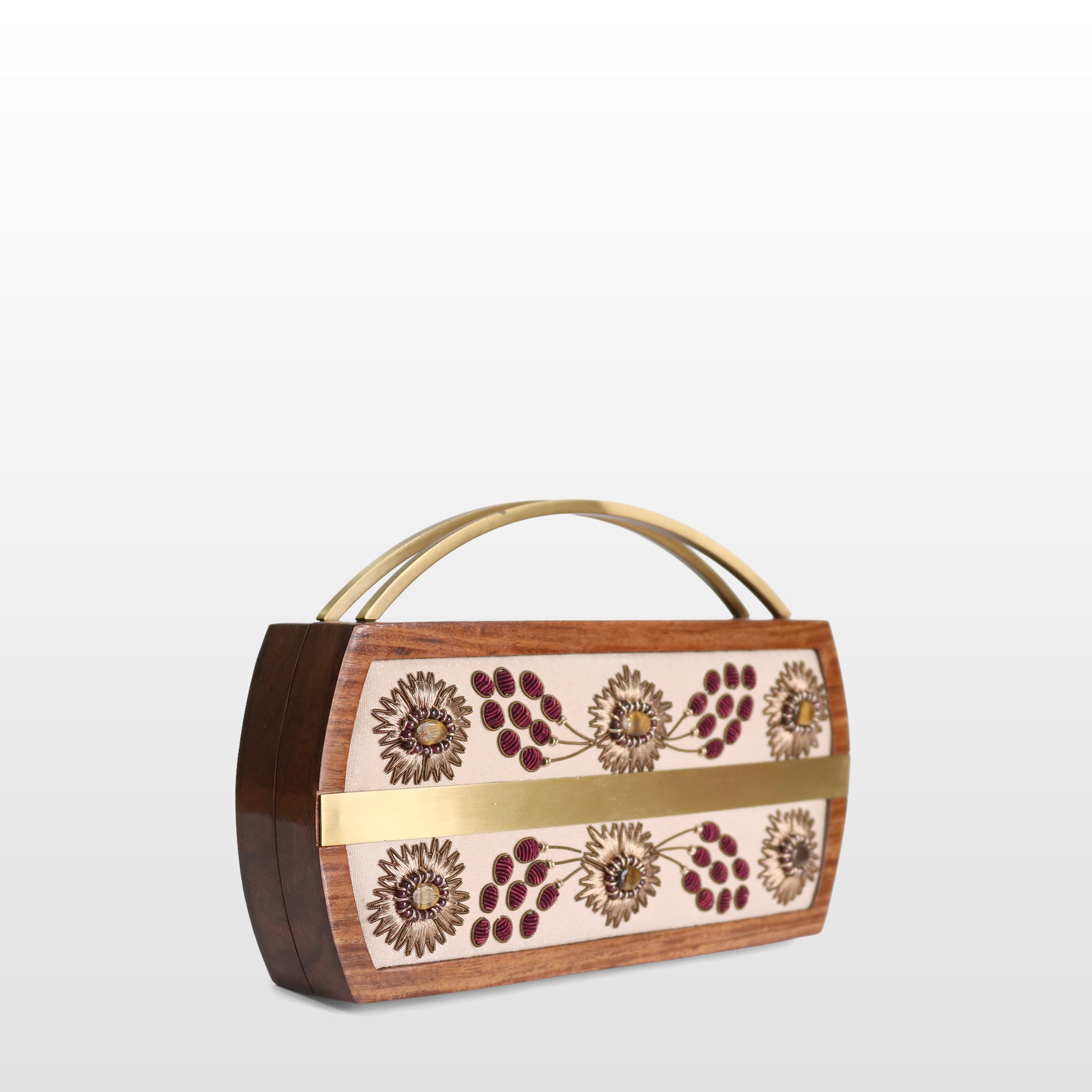 Handcrafted Floral Wooden Frame Top Handle Clutch