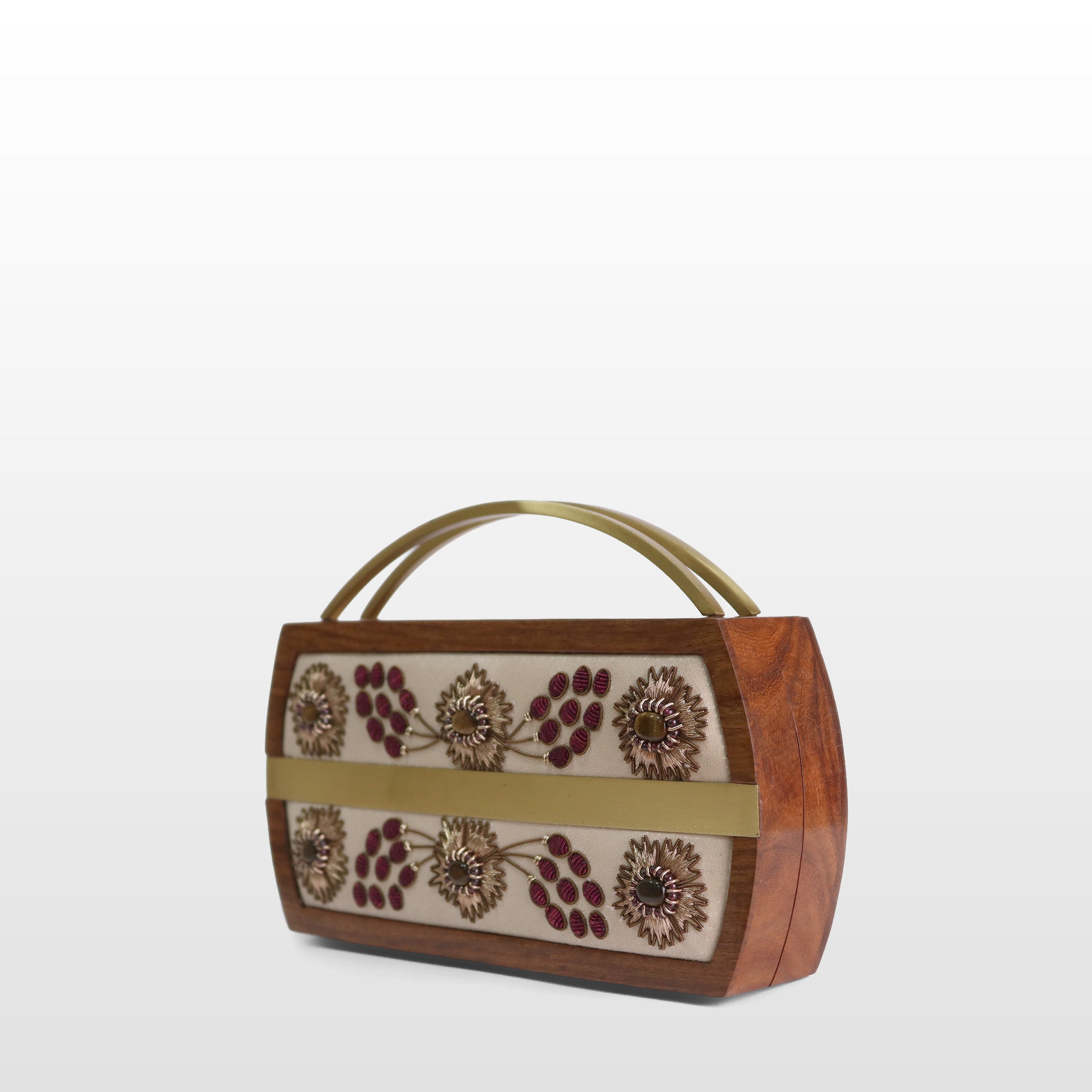 Handcrafted Floral Wooden Frame Top Handle Clutch