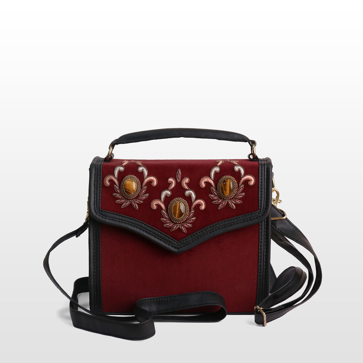 Women Maroon Valvet Tiger Eye Satchel