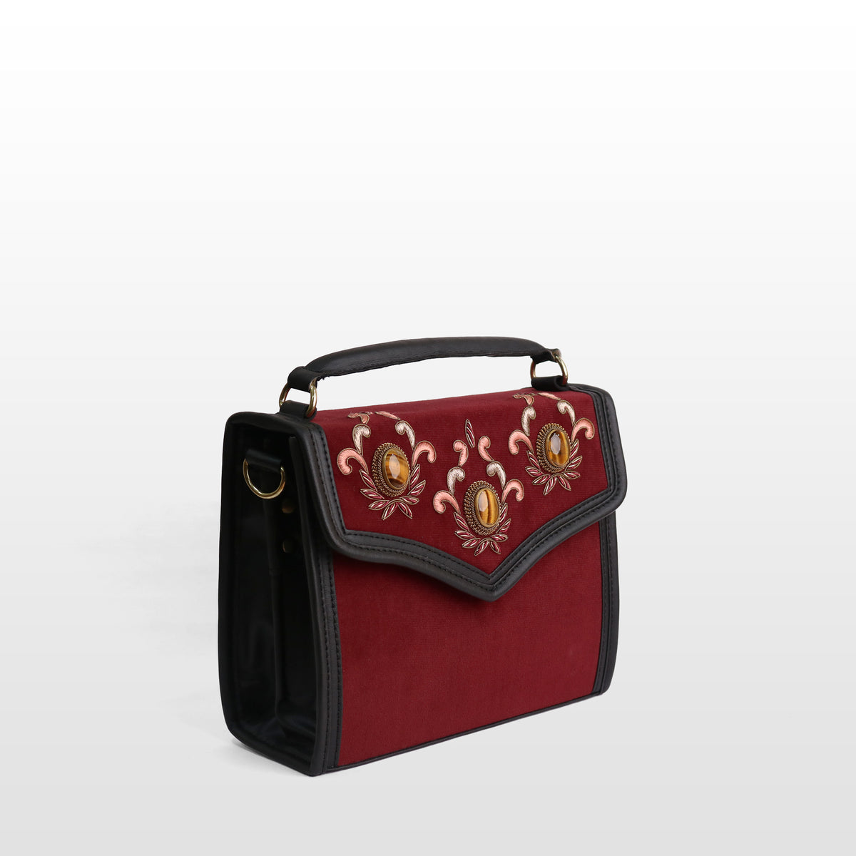 Women Maroon Valvet Tiger Eye Satchel