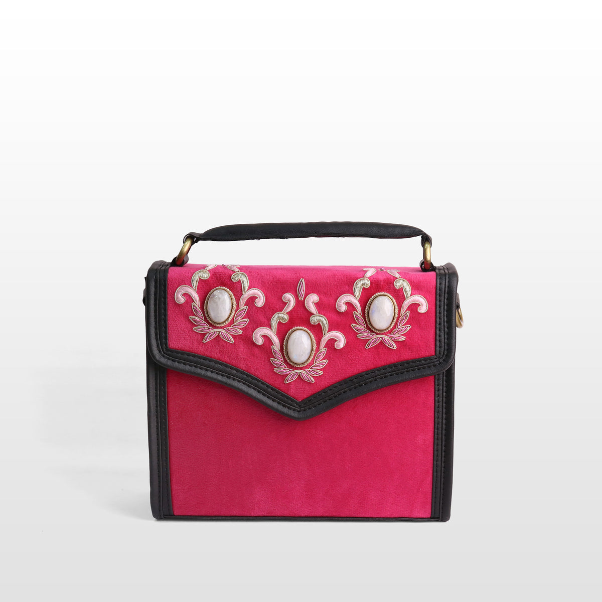 Women Pink Velvet Moonstone Satchel