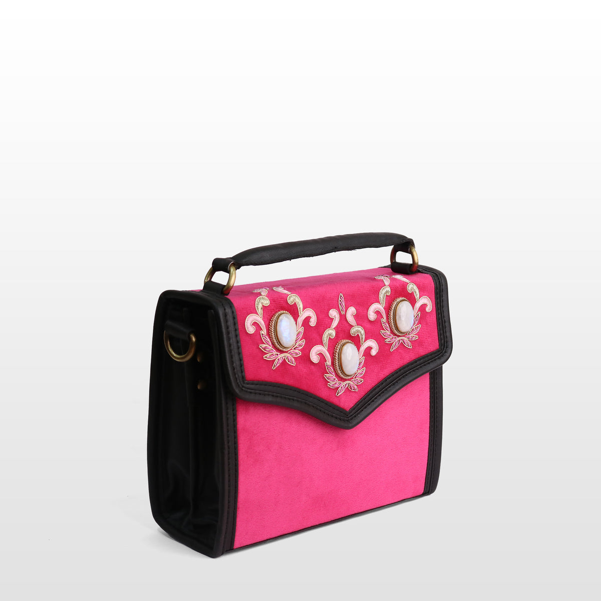Women Pink Velvet Moonstone Satchel