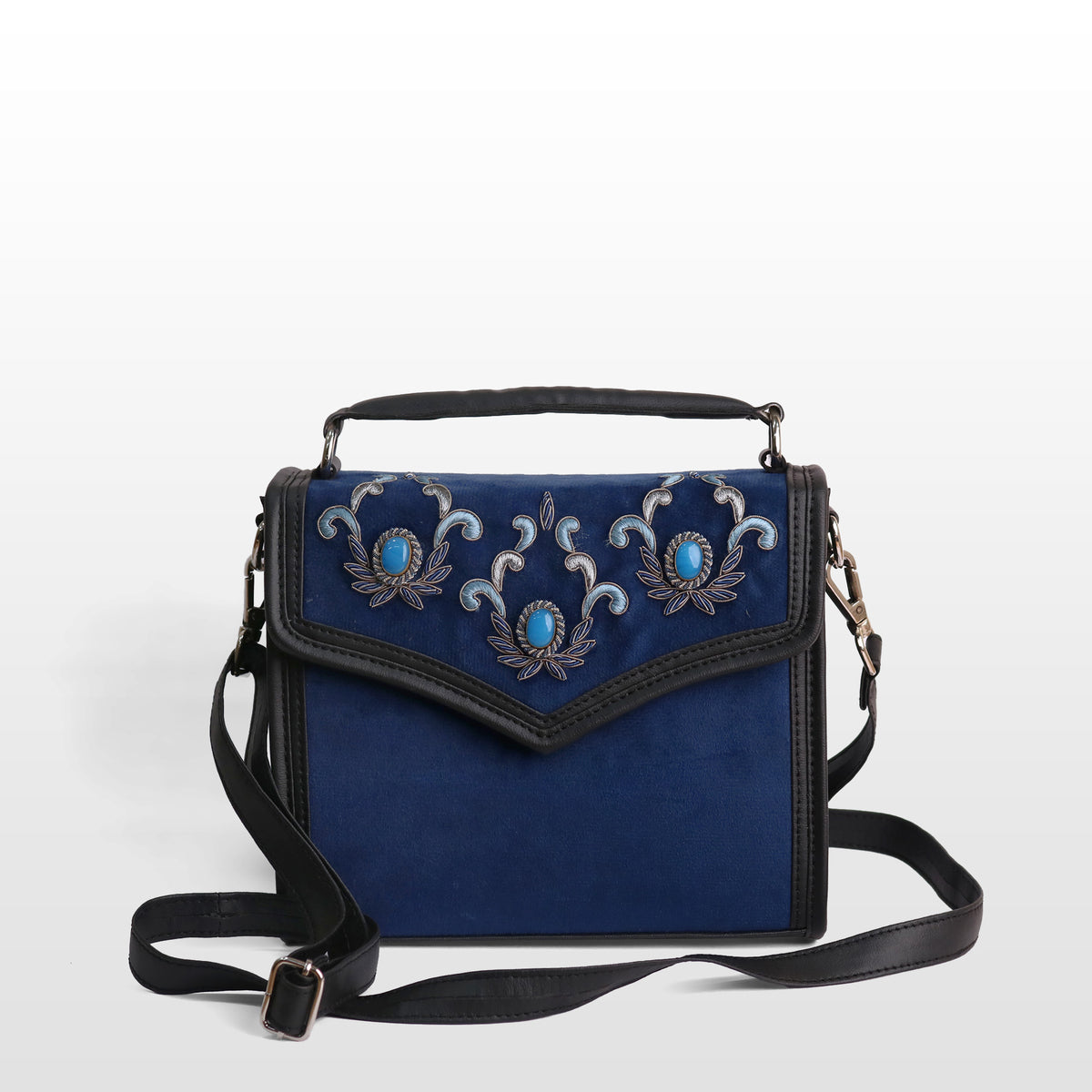 Women Teal Blue Velvet Onyx Satchel