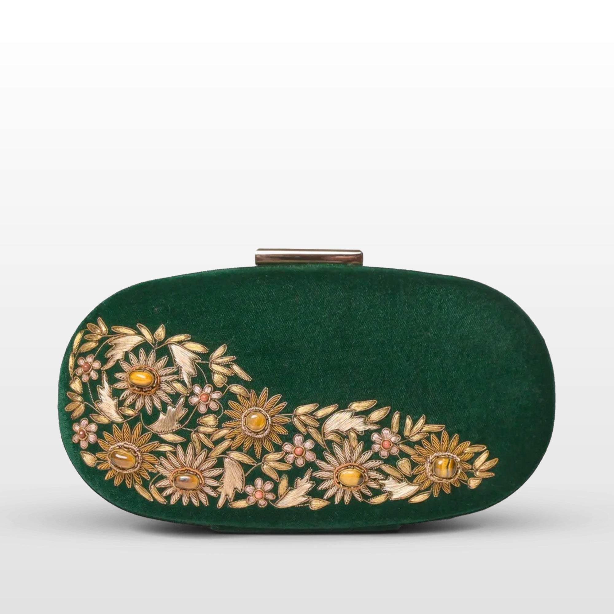 Garden of Gems: Oval Clutch with Floral Hand Embroidery, Velvet Handbag with Metallic Frame, Loaded with Tiger Eye & Sand Stone