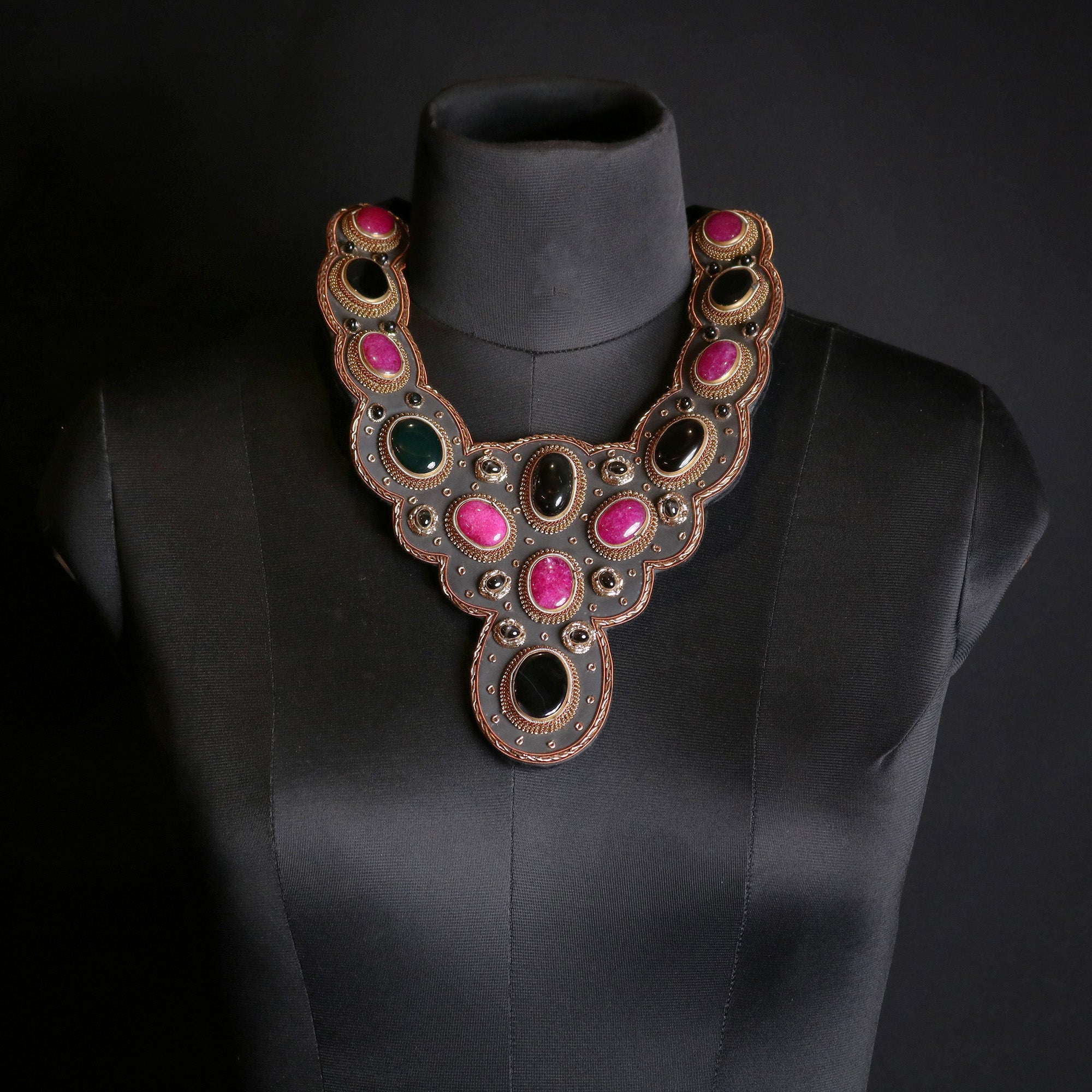 Velvet Stone Couture Necklace — Handcrafted Velvet Statement Necklace with Semi-Precious Stones
