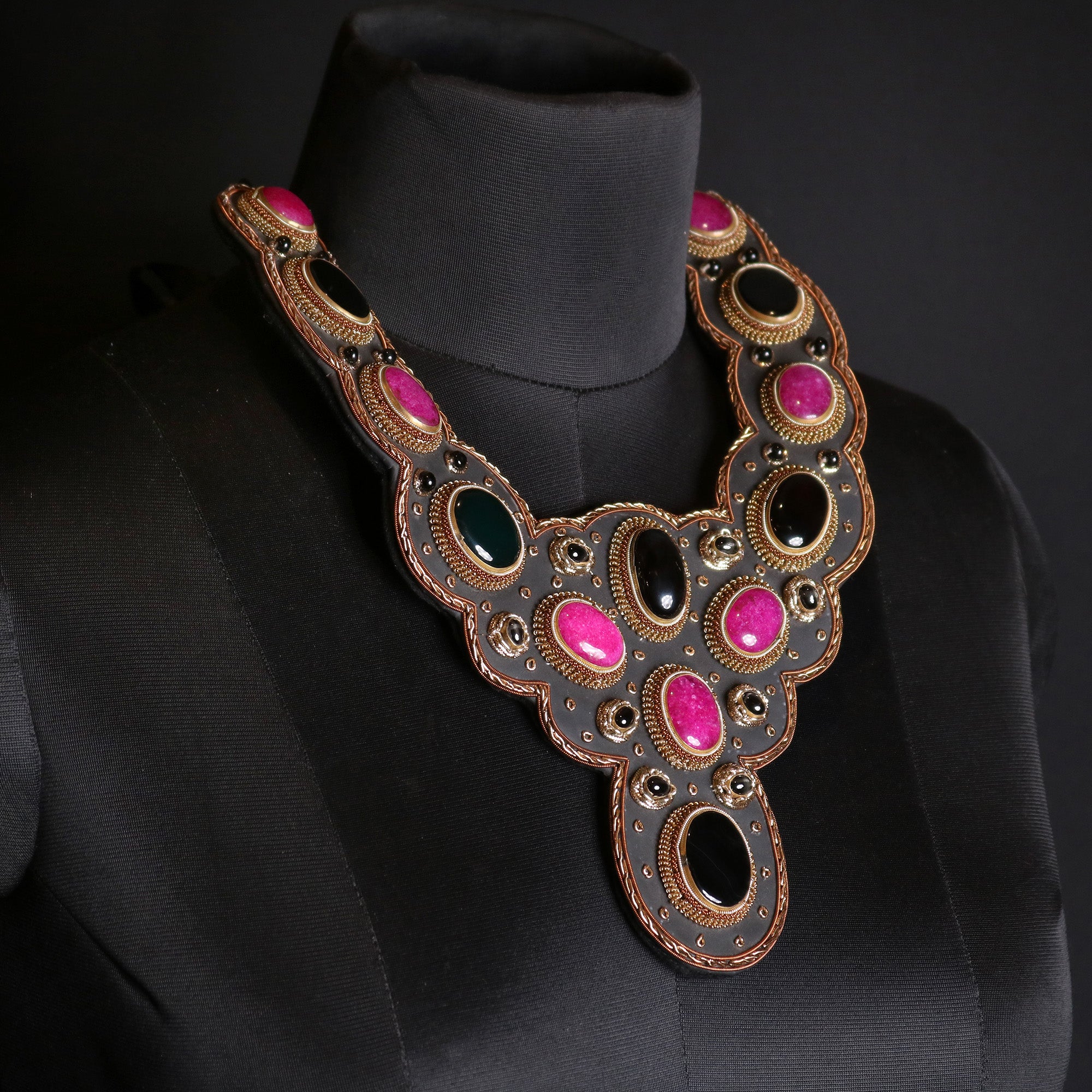 Velvet Stone Couture Necklace — Handcrafted Velvet Statement Necklace with Semi-Precious Stones