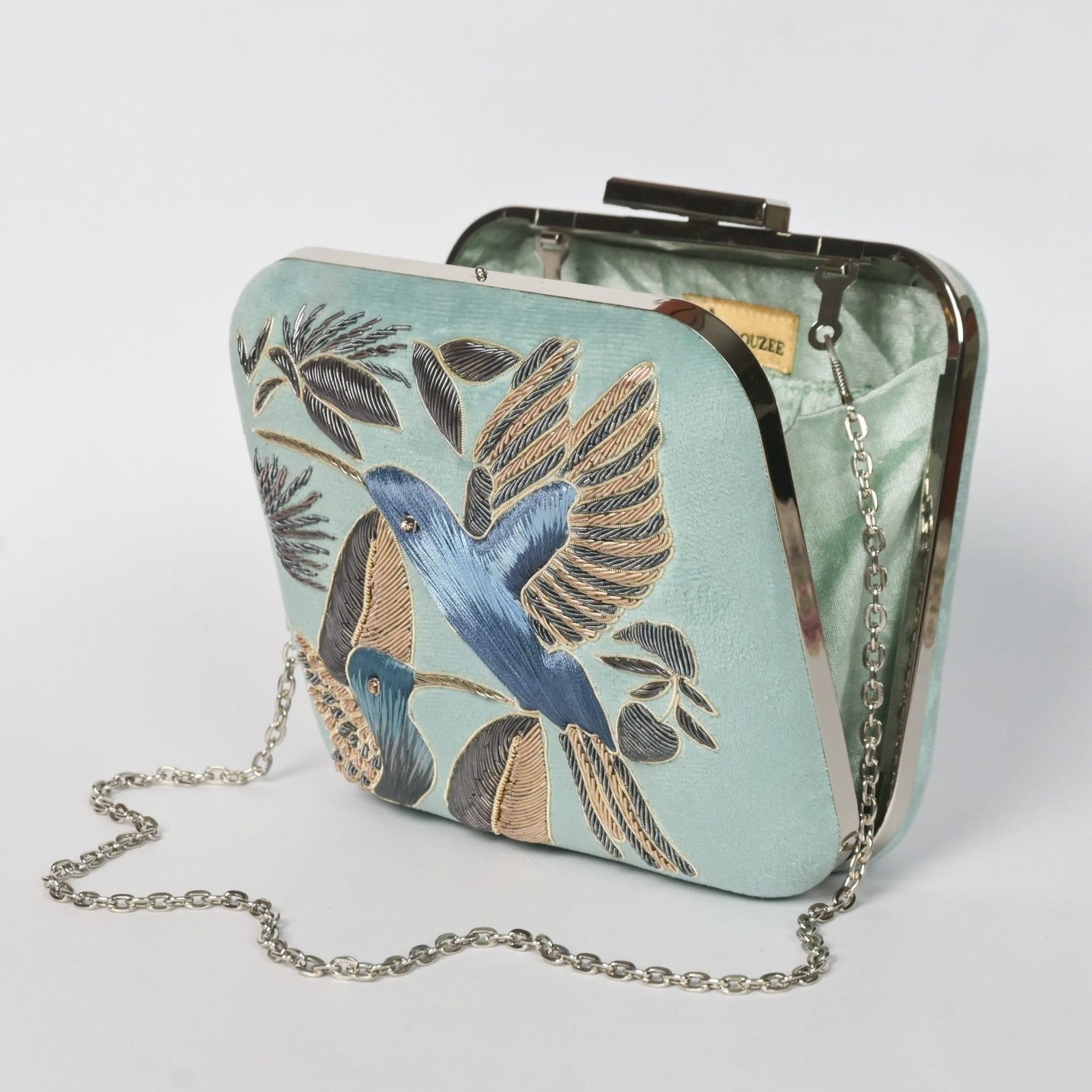 "Serenade in Sky: Square Handmade Sky Blue Velvet Clutch with Zardosi Birds" (Copy) image 0