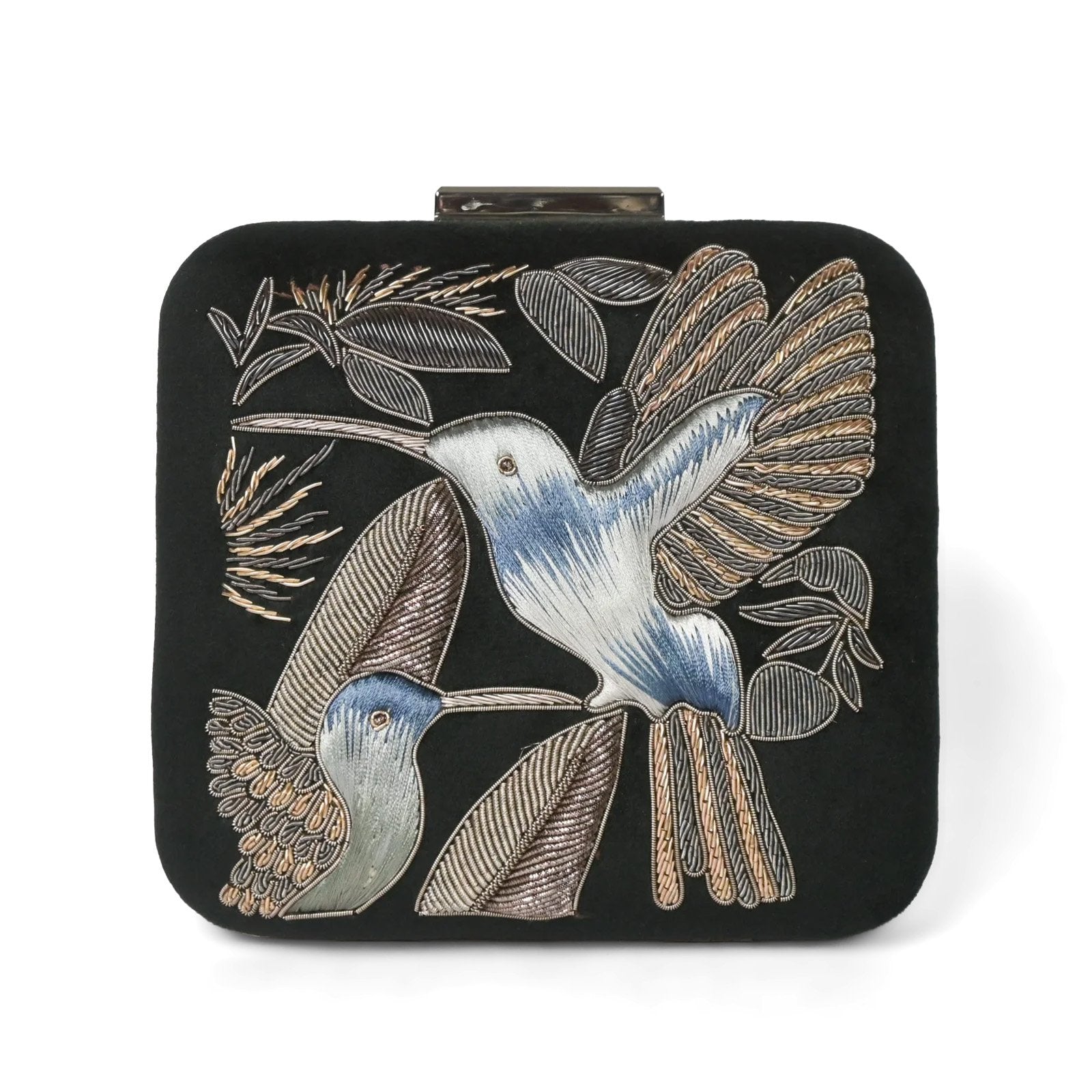 "Serenade in Black: Square Handmade Black Velvet Clutch with Zardosi Birds" image 1