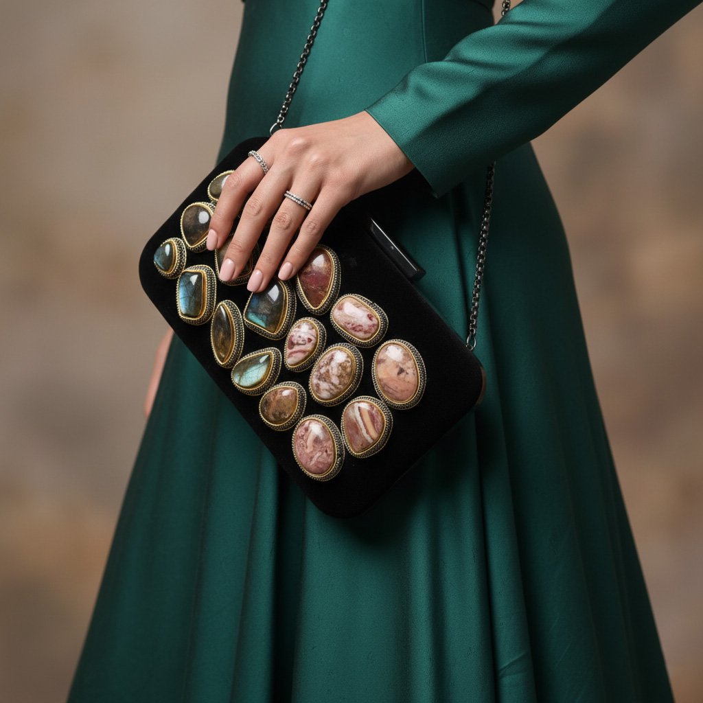 "Handmade Black Velvet Clutch: Zardosi Elegance with Agate & Labradorite Gemstones" image 0