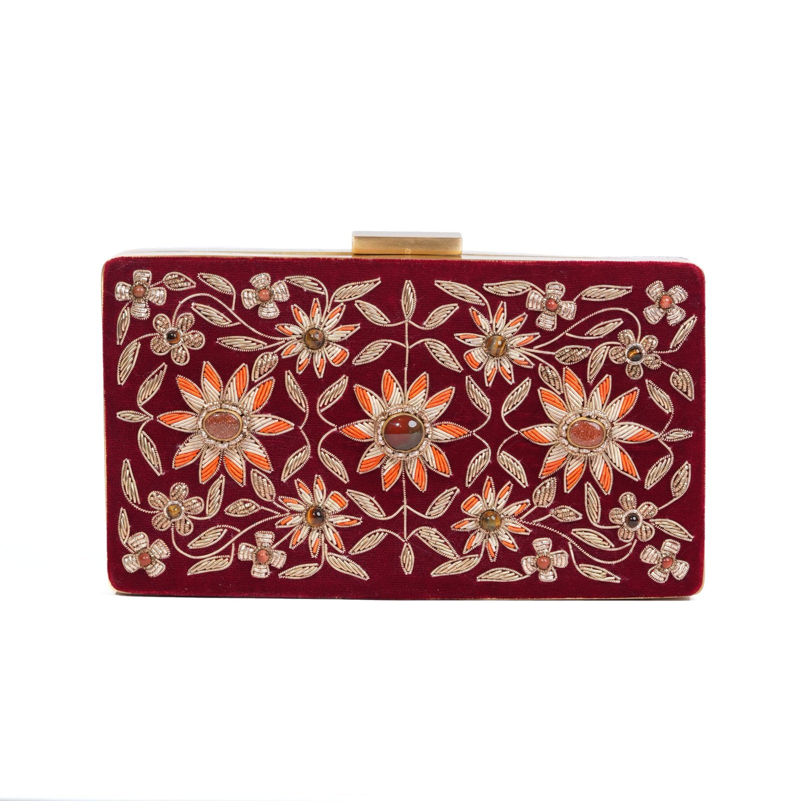 Zarin Gul – Beige Zardosi Velvet Clutch - Maroon image