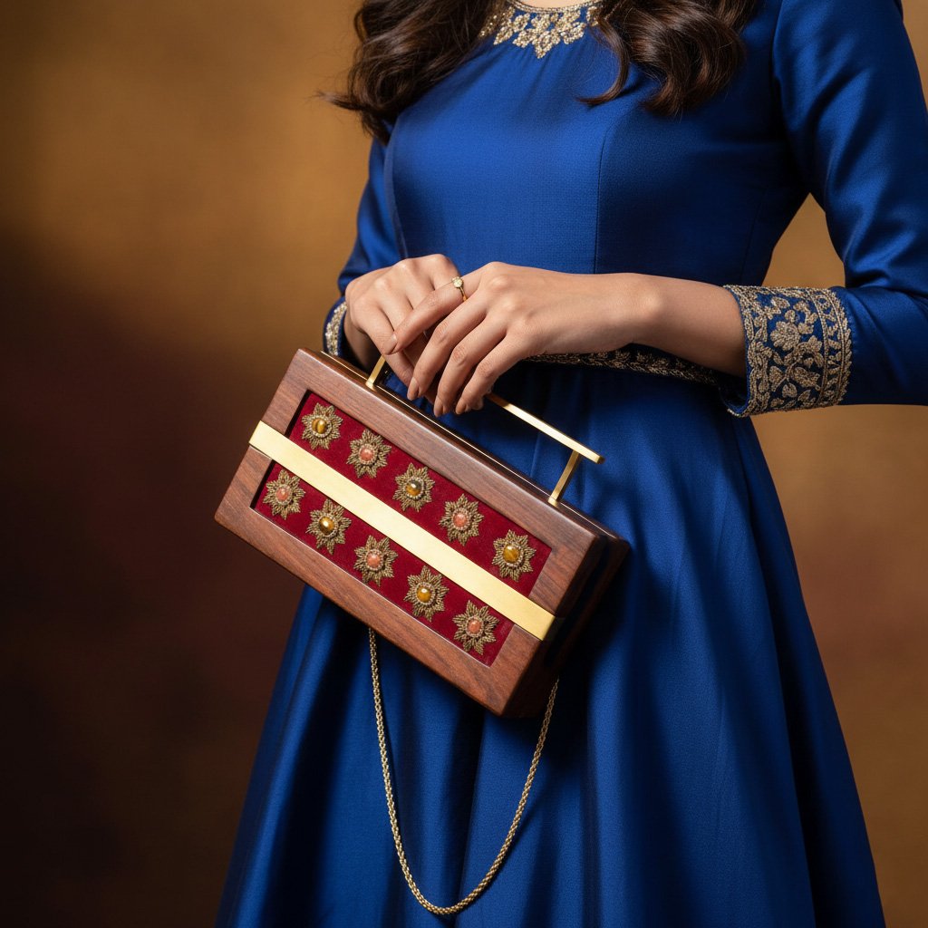 Gulnaar – Maroon Velvet Zardosi Wooden Clutch image 0