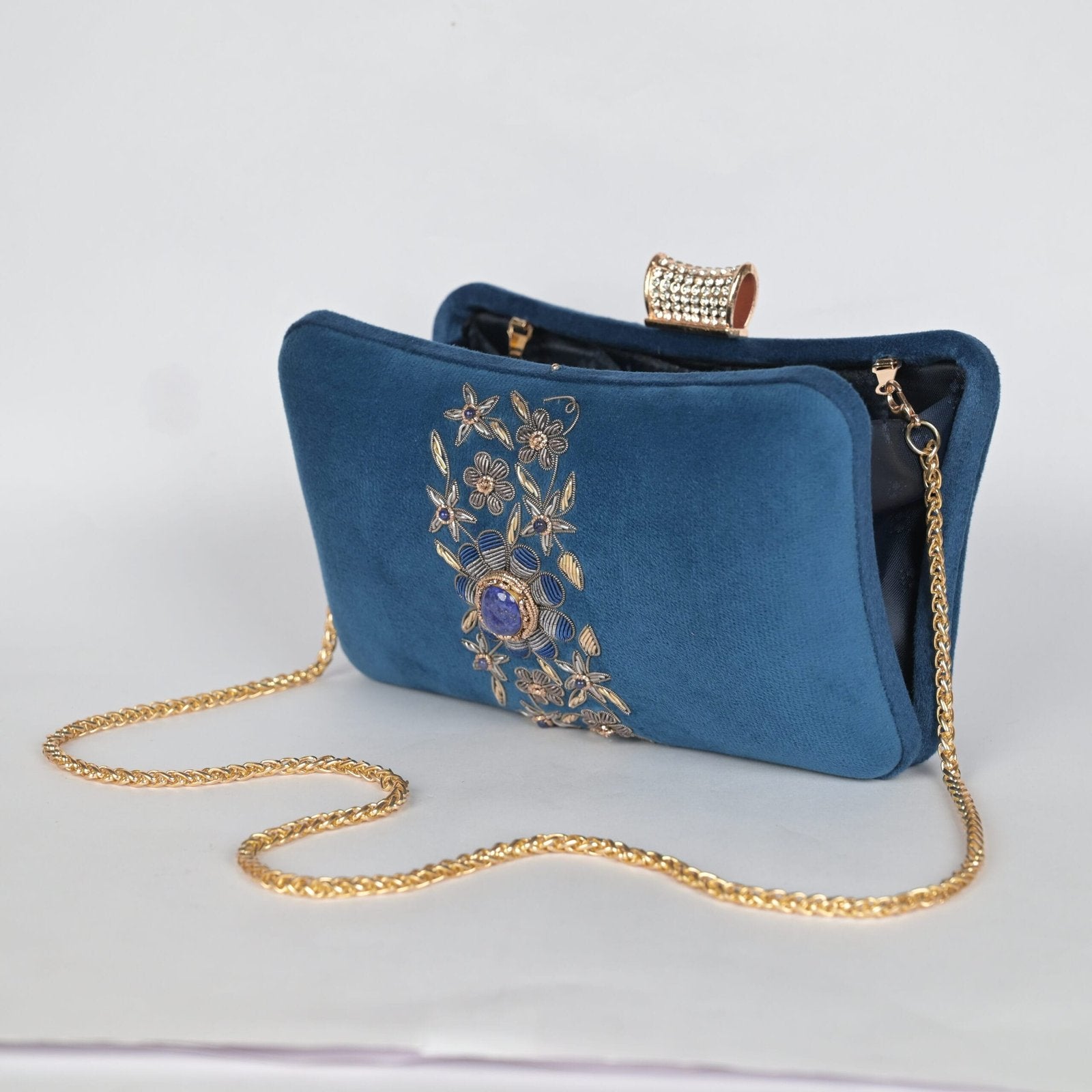 Petal Luxe Silk Wrapped Clutch – Golden Beige - Teal Blue image