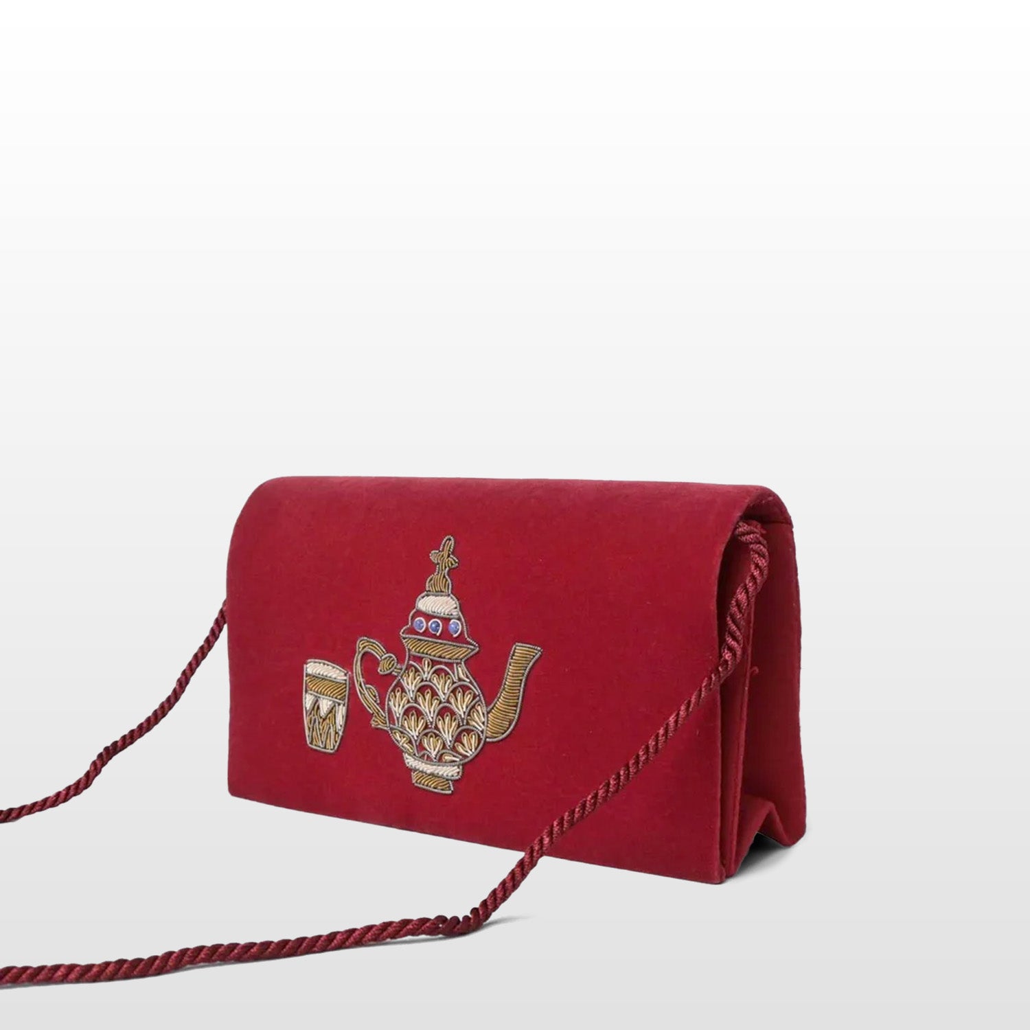 Maroon Velvet Handmade Crossbody Bag, Embellished with Embroidery Pattern