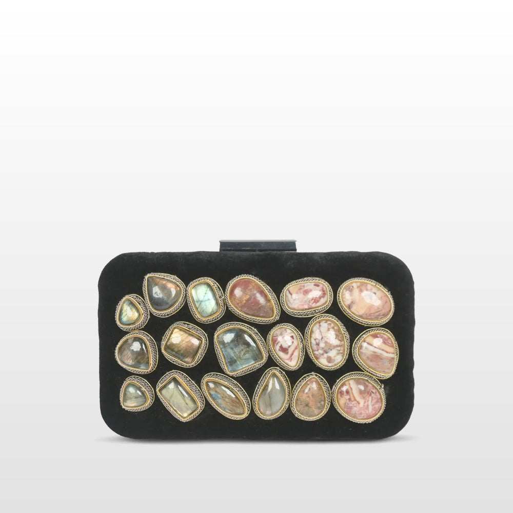 "Handmade Black Velvet Clutch: Zardosi Elegance with Agate & Labradorite Gemstones"