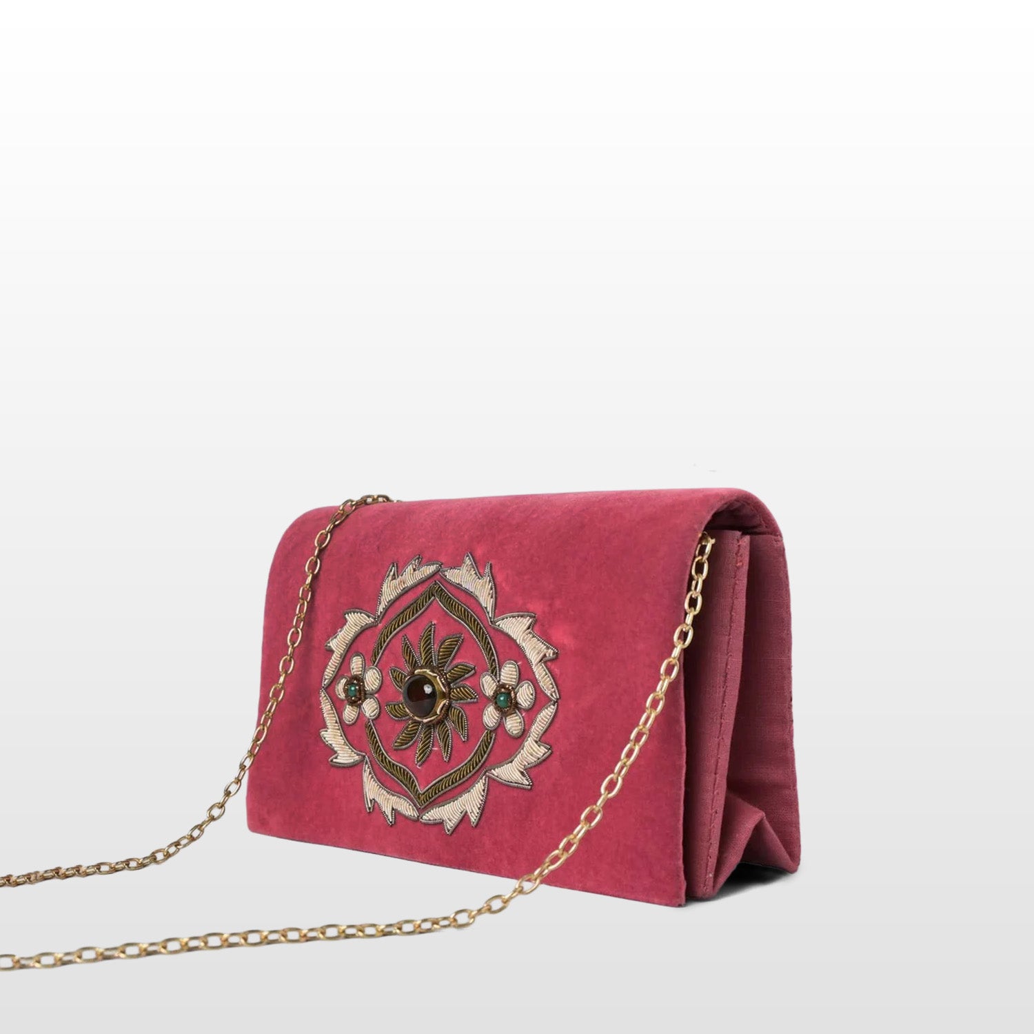 Pink Velvet Handmade Crossbody Bag, Embellished with Smoky Quartz Stones