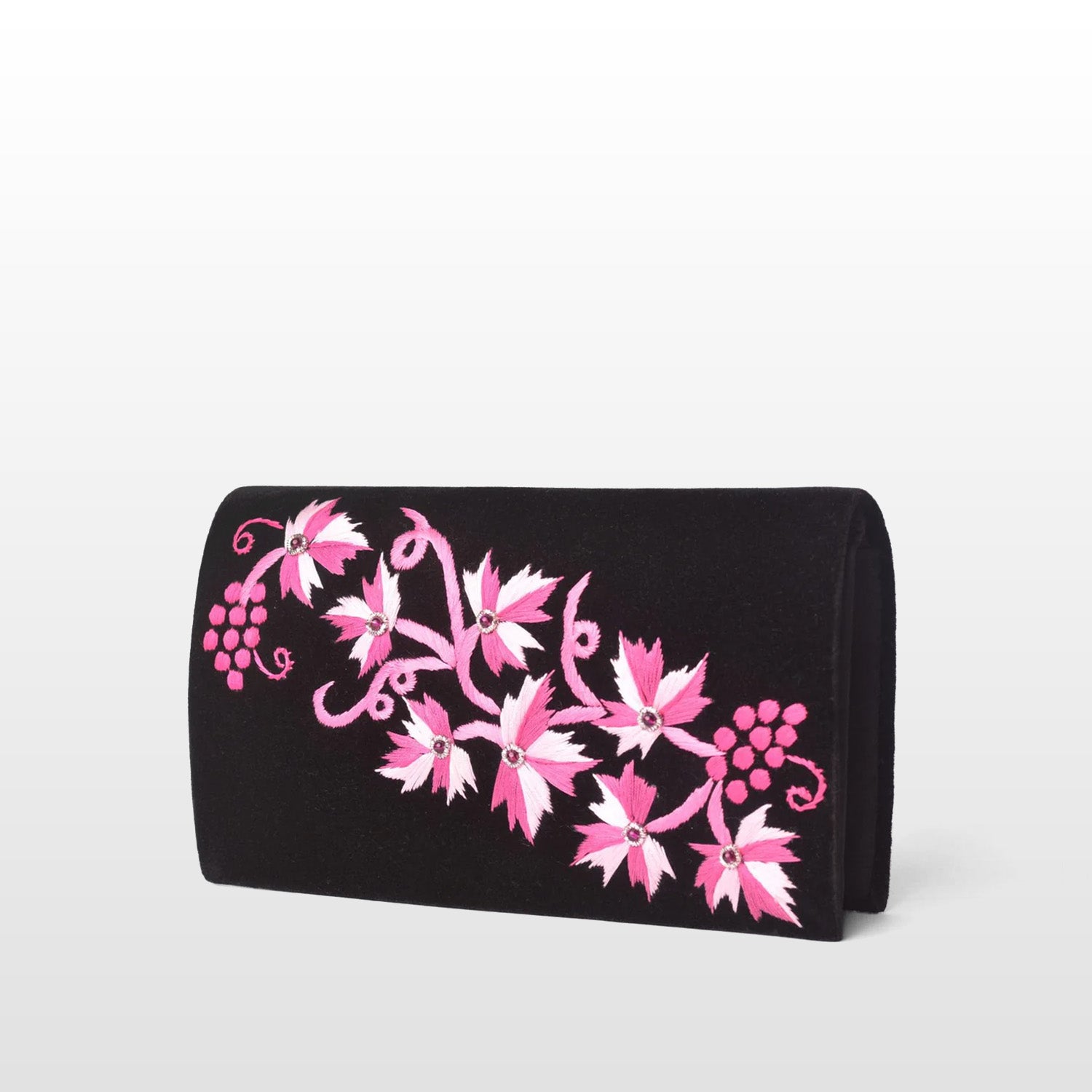 Black Velvet Pink Embroidery Bag, Crossbody Bag Embellished with Pink Embroidery