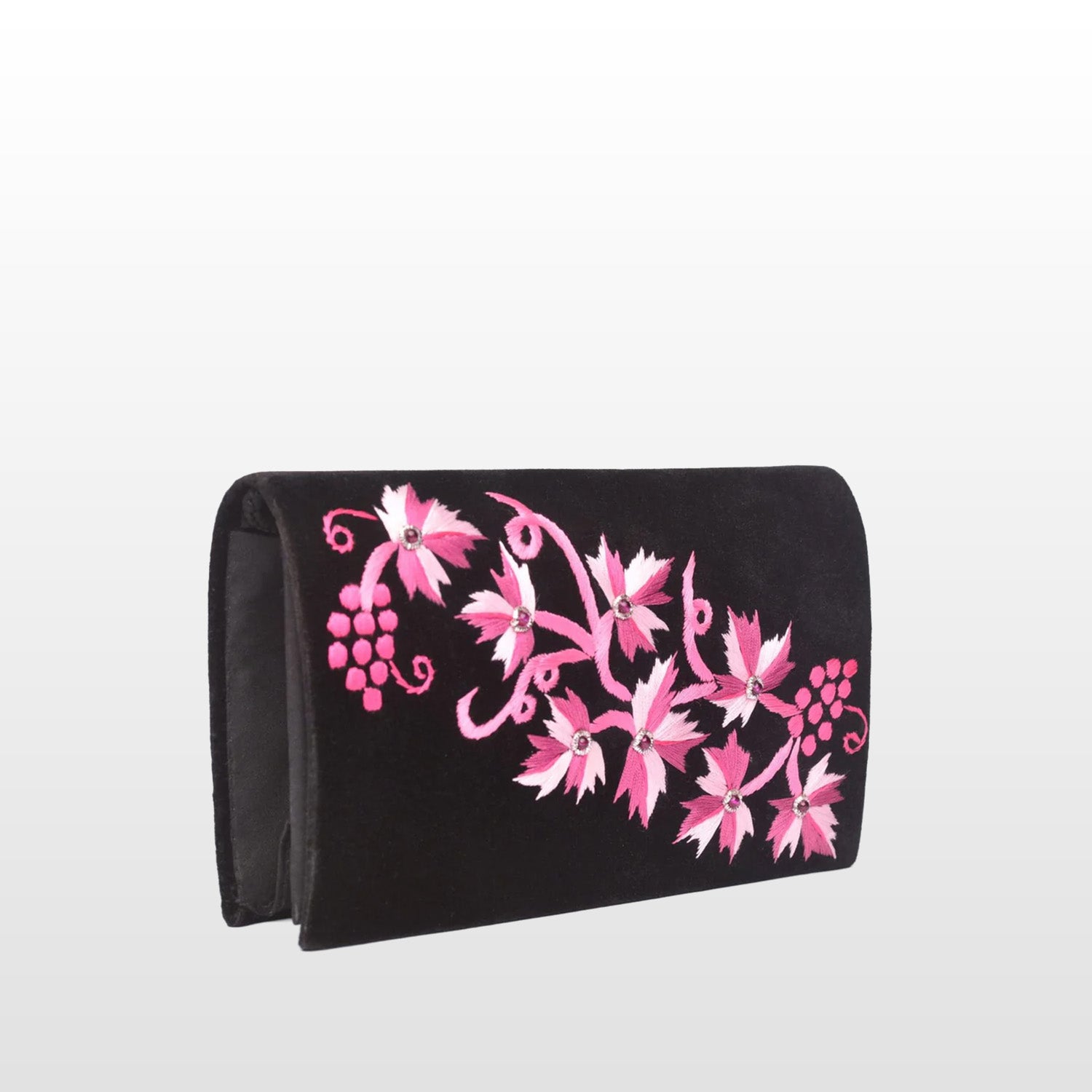 Black Velvet Pink Embroidery Bag, Crossbody Bag Embellished with Pink Embroidery