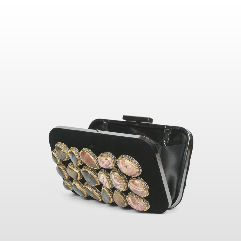 "Handmade Black Velvet Clutch: Zardosi Elegance with Agate & Labradorite Gemstones"