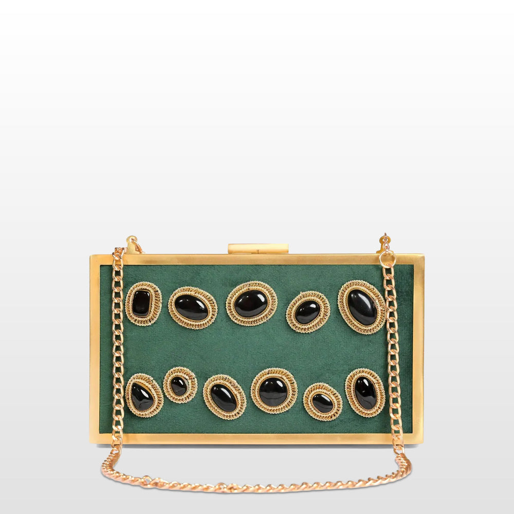 Jahaan Ara – Military Green Zardosi Gemstone Clutch